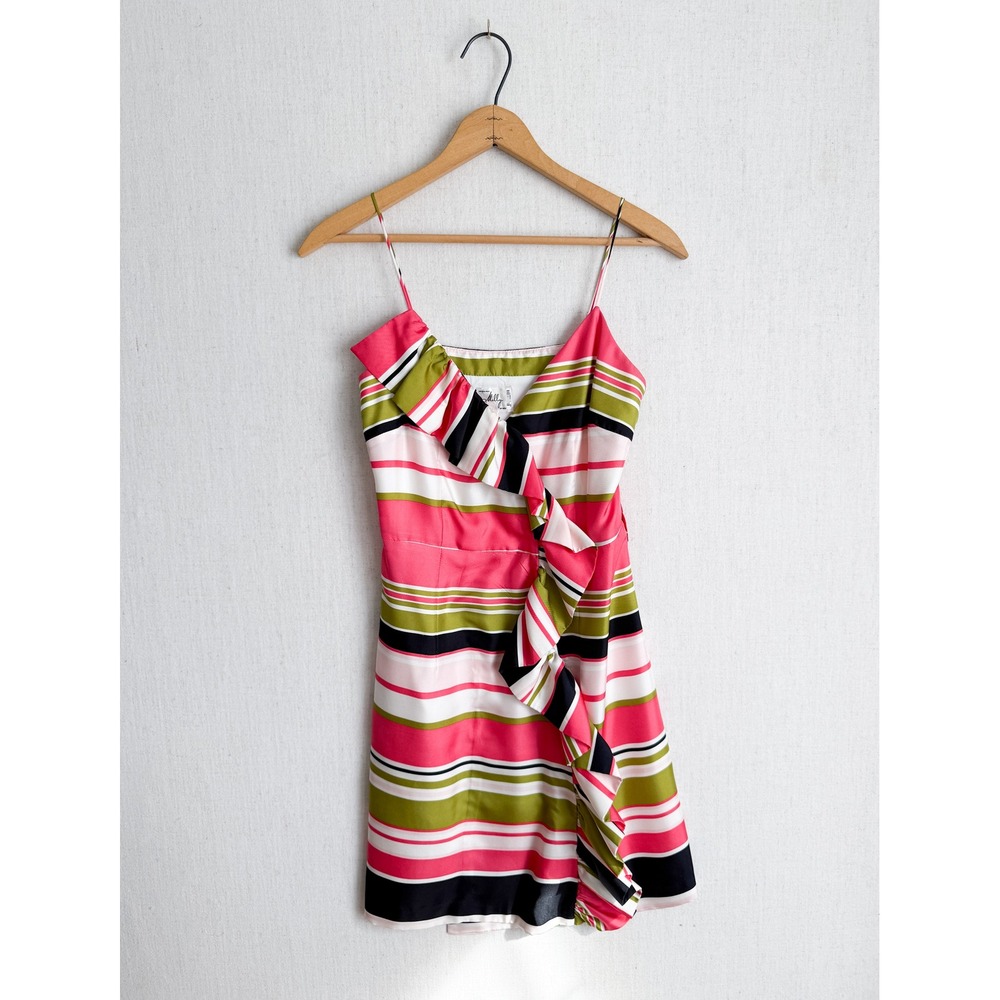 Milly of New York Silk Striped Ruffle Mini Dress Pink Green Black White Size 2
